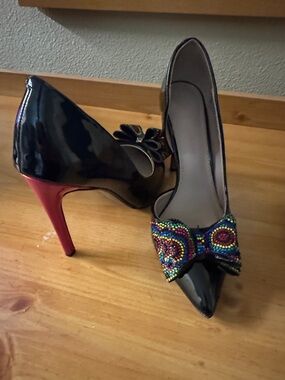 Black Patent Pointed Toe Heels with Multicolor Beaded Bow and Pink Stiletto
